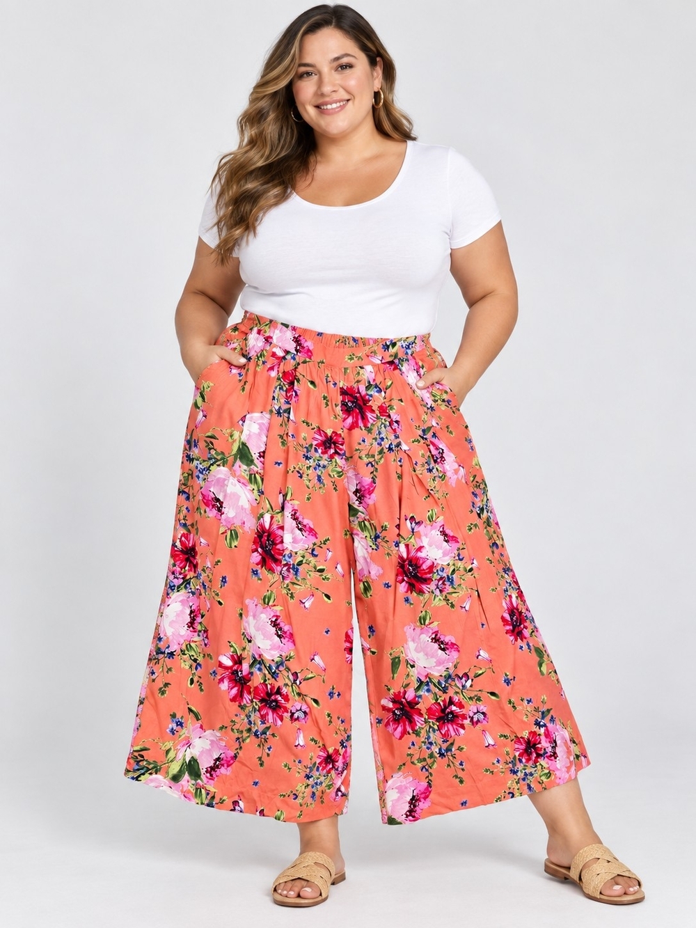 Terra & Sky Coral Floral Wide-Leg Culottes
